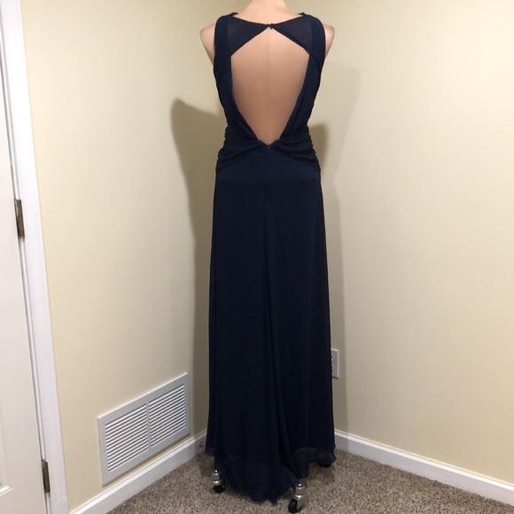 Badgley Mischka Petunia Dress Size 2 Navy Blue Twist Cut Out Open Back Gown - Picture 5 of 10